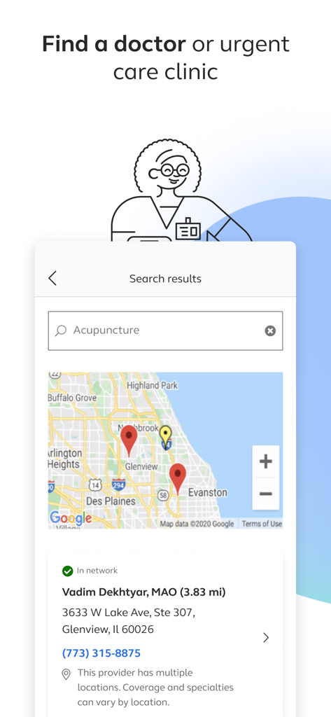 Alight Mobile - Alight Mobile app interface for finding a doctor or urgent care clinic with a map and provider details