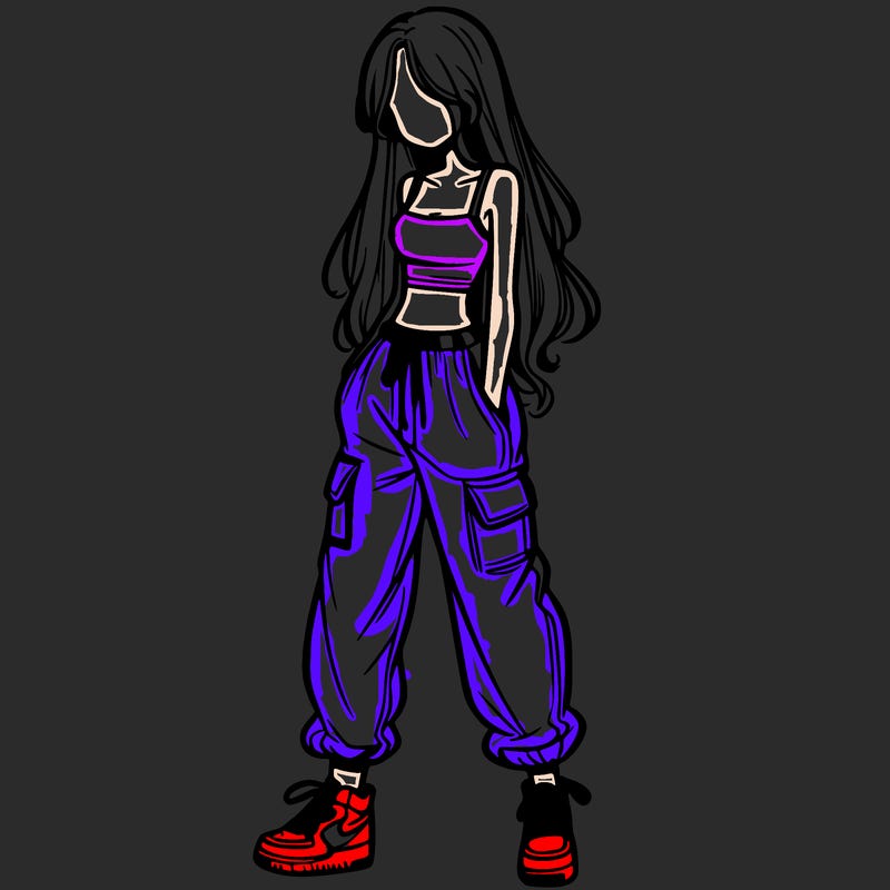 girl in baggy pants crop top and long hair