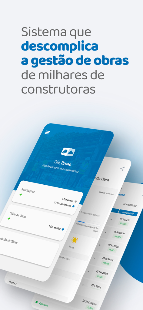 Mais Controle mobile app screens showing construction management features including daily logs and project measurement tools