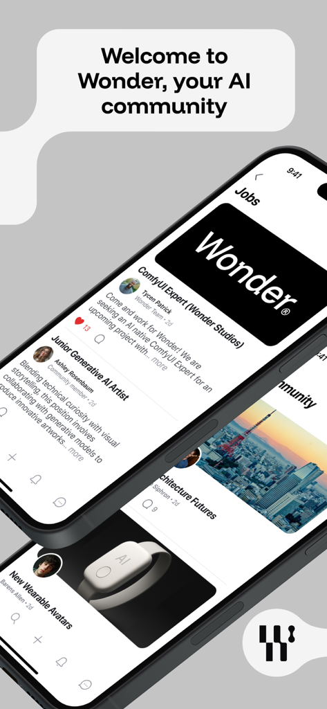 Wonder Studios - A preview of the Wonder Studios mobile interface displaying the AI job board and community feed.