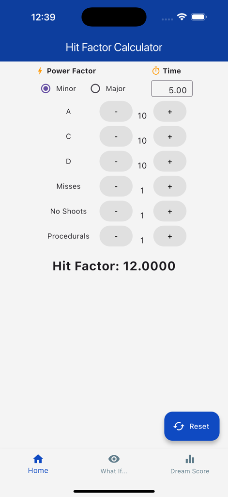 Main interface of the Hit Factor Calculator app showing scoring inputs for time and hits in practical shooting