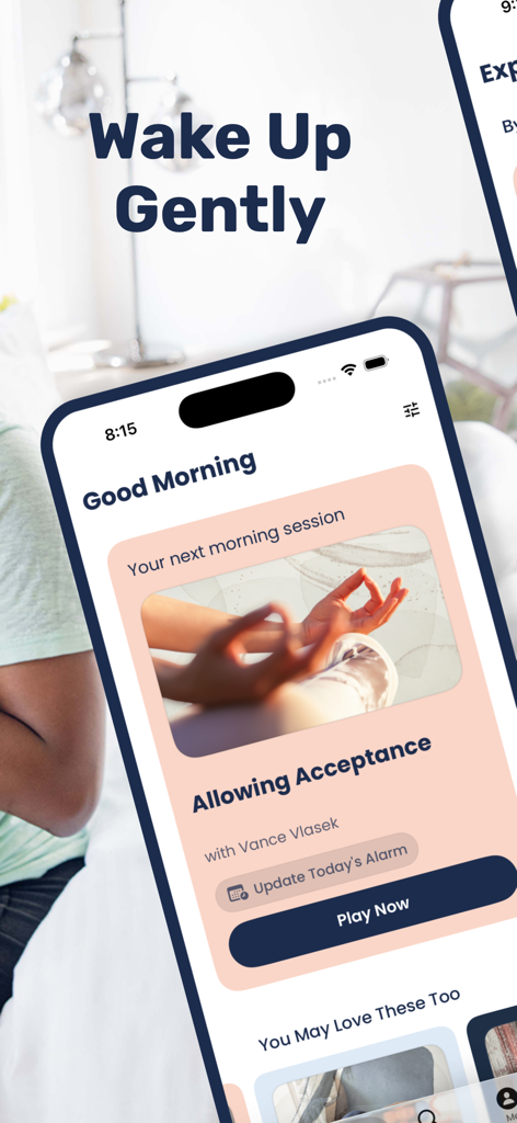 Yoga Wake Up: Alarm & Stretch - A smartphone screen displaying the Yoga Wake Up app with a morning session titled Allowing Acceptance.