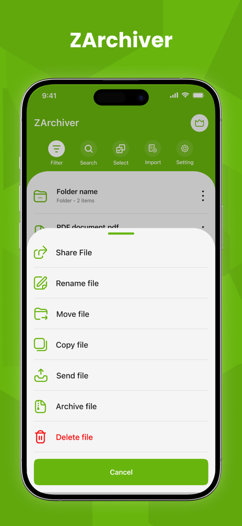 Interfaz de la aplicación móvil ZArchiver que muestra opciones de gestión de archivos como compartir, renombrar, mover y archivar en un iPhone