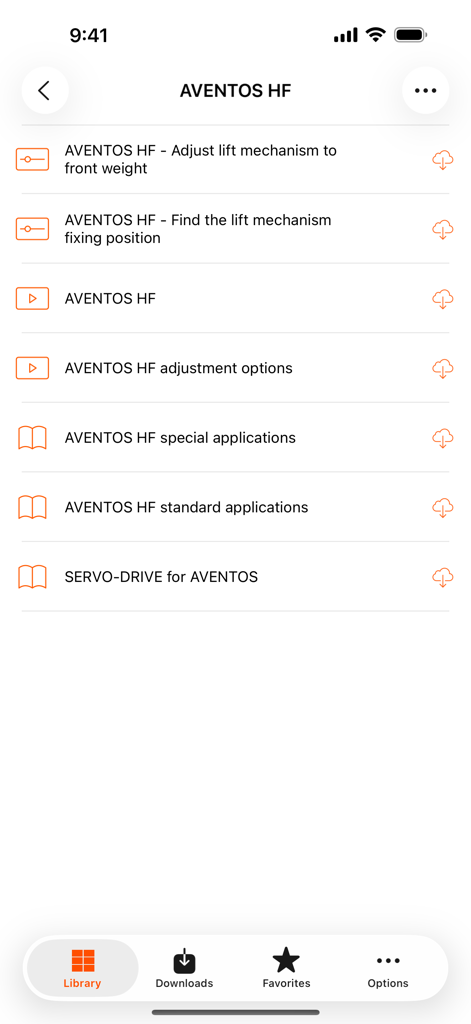 EASY ASSEMBLY - EASY ASSEMBLY app menu displaying installation videos and technical adjustment guides for Blum AVENTOS HF hardware