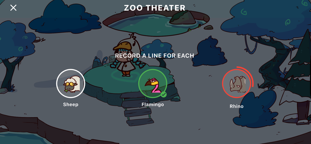 My Voice Zoo - World - 動物園シアターの録音画面。羊、フラミンゴ、サイのキャラクター用。