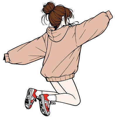 realistic girl jumping with a bun and oversized sweatshirt