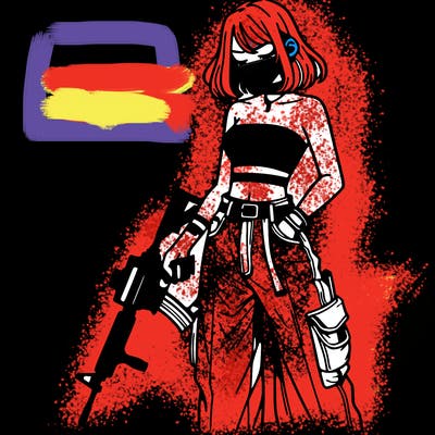 a dangerous girlcrop top and baggy jeans with a rifle in her hand