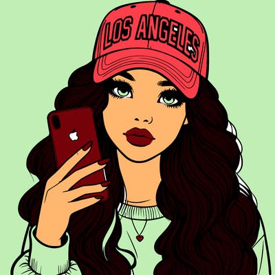 realistic beautiful girl wearing los ángeles cap holding an iphone