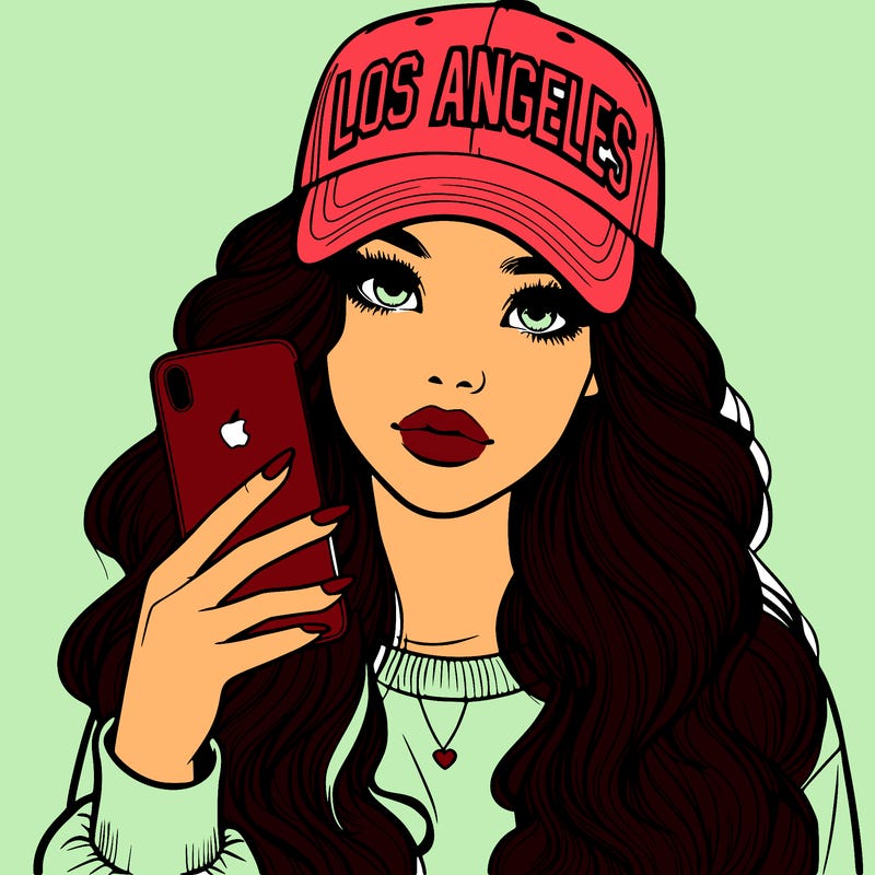 realistic beautiful girl wearing los ángeles cap holding an iphone
