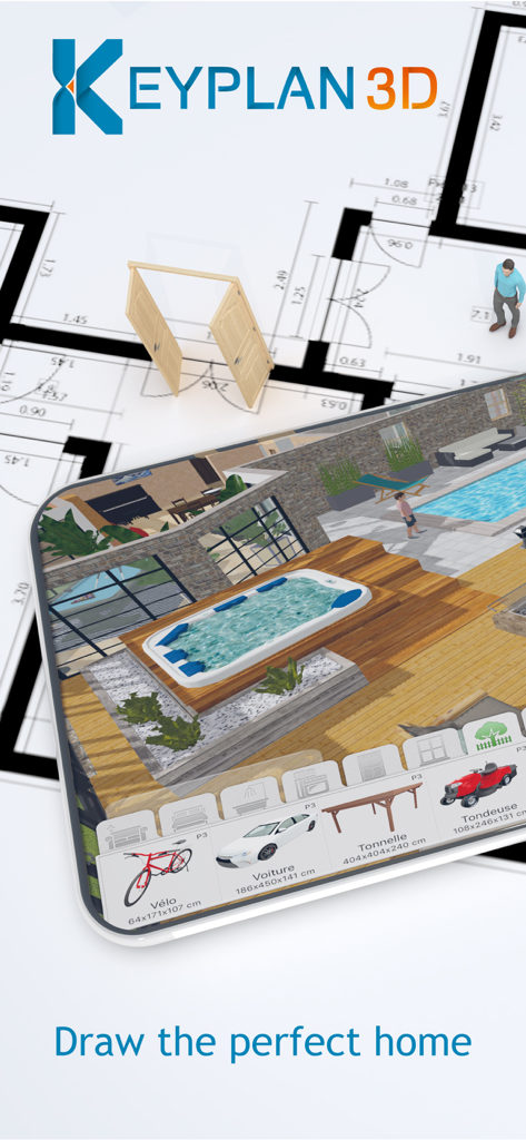 Keyplan 3D - Home design - La aplicación Keyplan 3D muestra un render arquitectónico 3D de un patio trasero con piscina en un dispositivo móvil.