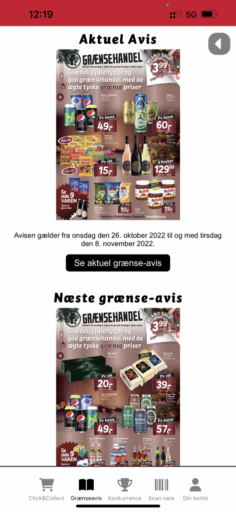 Fakta Tyskland f,- - Fakta Tyskland mobile app screen showing current and upcoming border shopping flyers with product deals