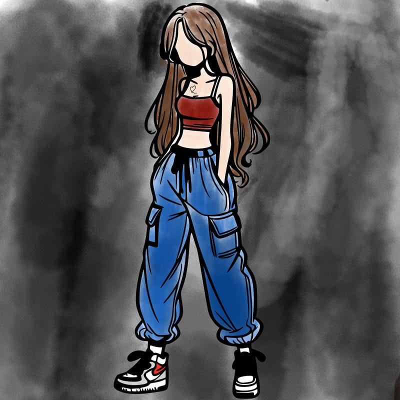girl in baggy pants crop top and long hair