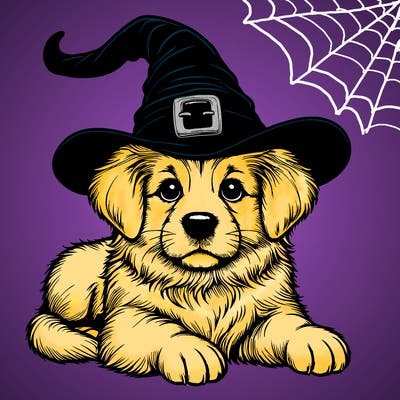 realistic dog with witch hat