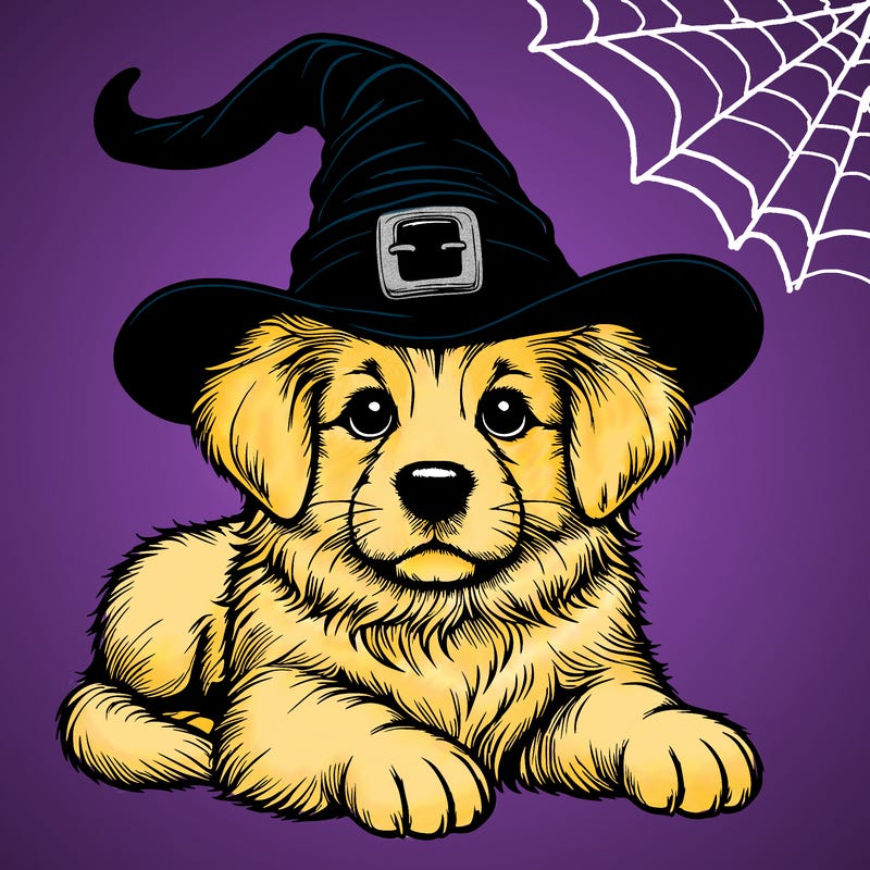 realistic dog with witch hat