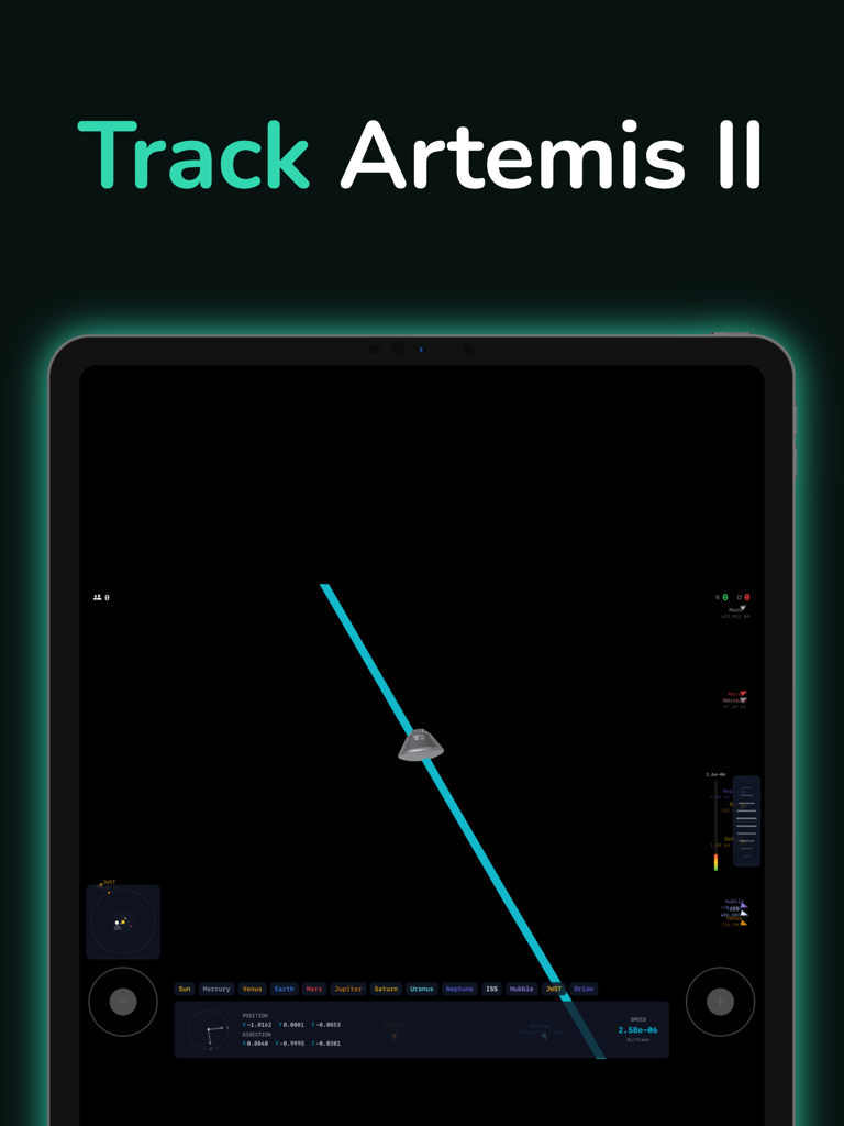 ArtemisLive - Interface do aplicativo ArtemisLive para iPad mostrando rastreamento 3D em tempo real e trajetória da espaçonave Artemis II.