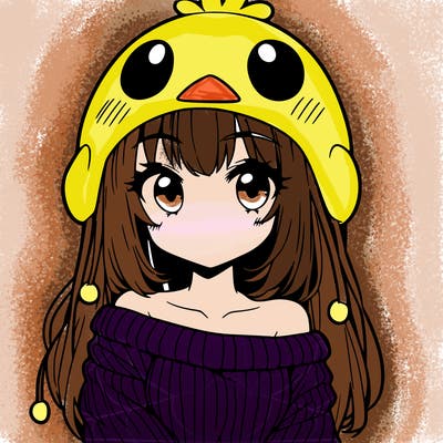 anime girl with chick shaped hat with sweater with bare shoulders with bangs covering them one eye with low tail