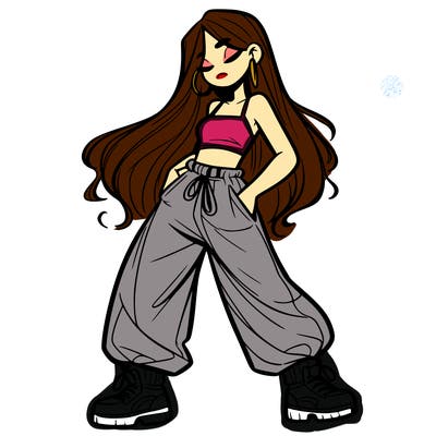 girl in baggy pants crop top and long hair