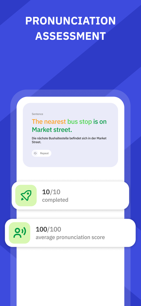 Talkpal - AI Language Learning - Captura de pantalla de la aplicación Talkpal que muestra una evaluación de pronunciación con una puntuación perfecta