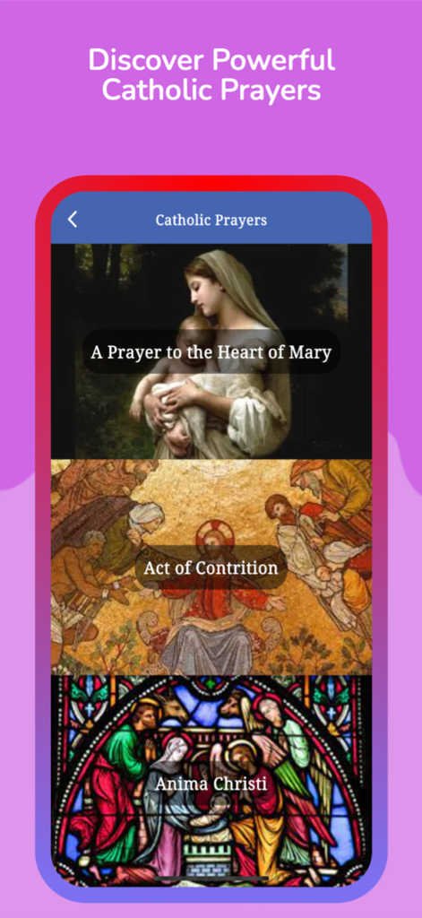 List of traditional Catholic prayers with religious artwork in the Rosary Meditation Guide app