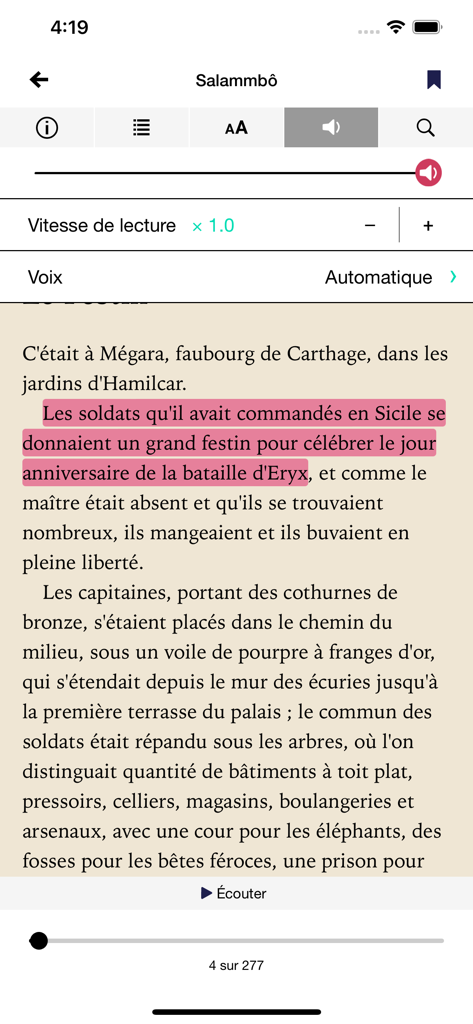 Lis-a - Interface of Lis-a ebook reader with speech synthesis settings and highlighted text