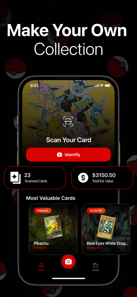 Poke AI: Pokemon Card Scanner - Interface of the Poke AI app showing a card collection dashboard with total estimated value and most valuable cards