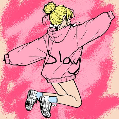realistic girl jumping with a bun and oversized sweatshirt