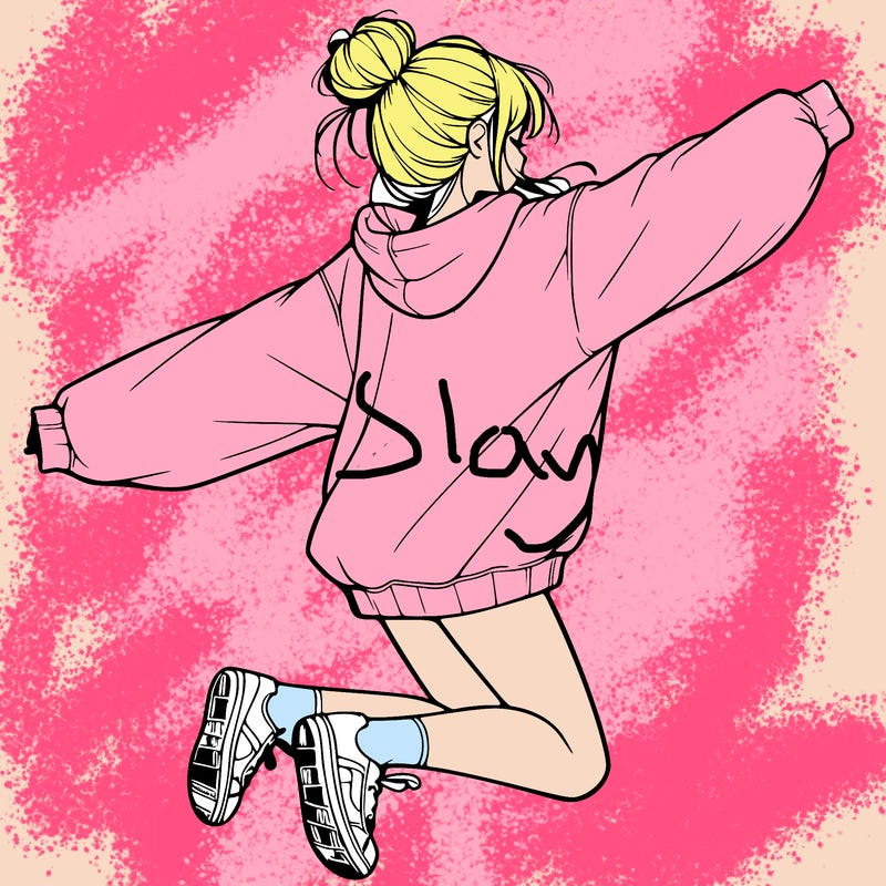 realistic girl jumping with a bun and oversized sweatshirt