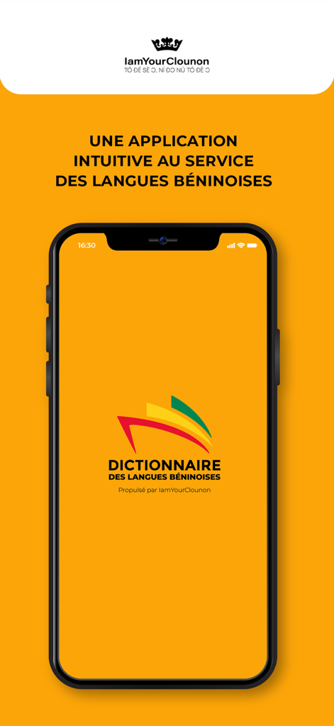 Smartphone mostrando a tela inicial do aplicativo de dicionário de línguas beninesas com fundo amarelo.