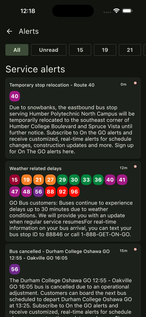 GO Departures - Service alerts screen in the GO Departures app showing transit delays and cancellations