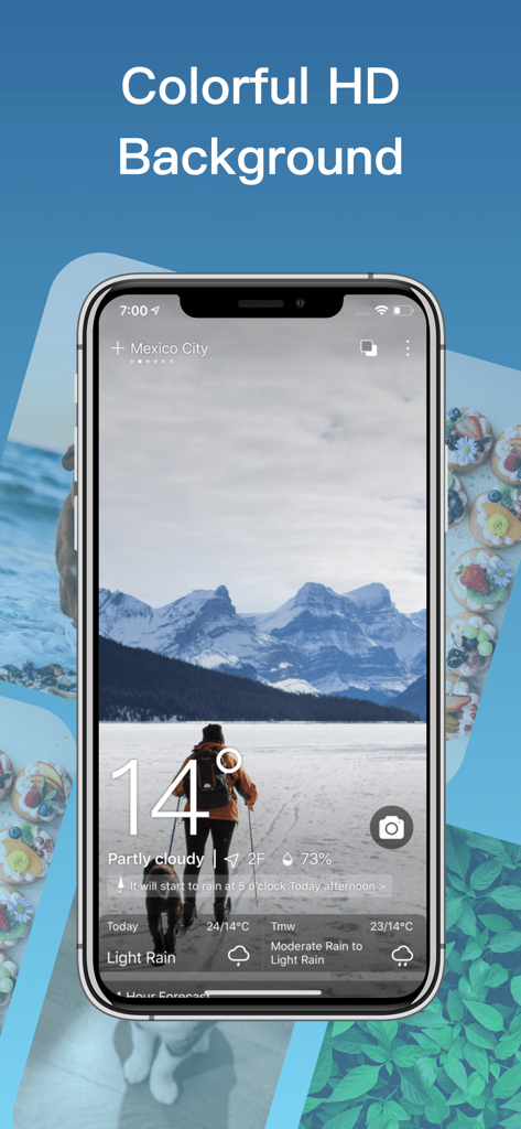 Weather- NOAA Weather Radar - Pantalla de smartphone mostrando la aplicación NOAA Weather con un fondo personalizado de paisaje de montaña y pronóstico meteorológico local.