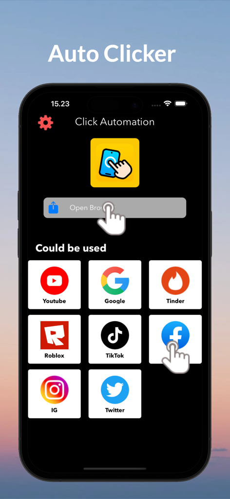 Auto Clicker: Auto Tapper Pro - Interface of Auto Clicker app showing automation options for popular social media and gaming apps like Tinder, Roblox, and TikTok