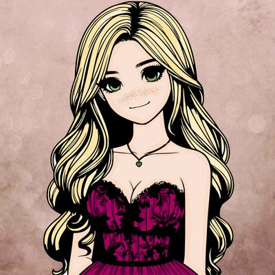 realistic girl with long hair and pretty prom dress
