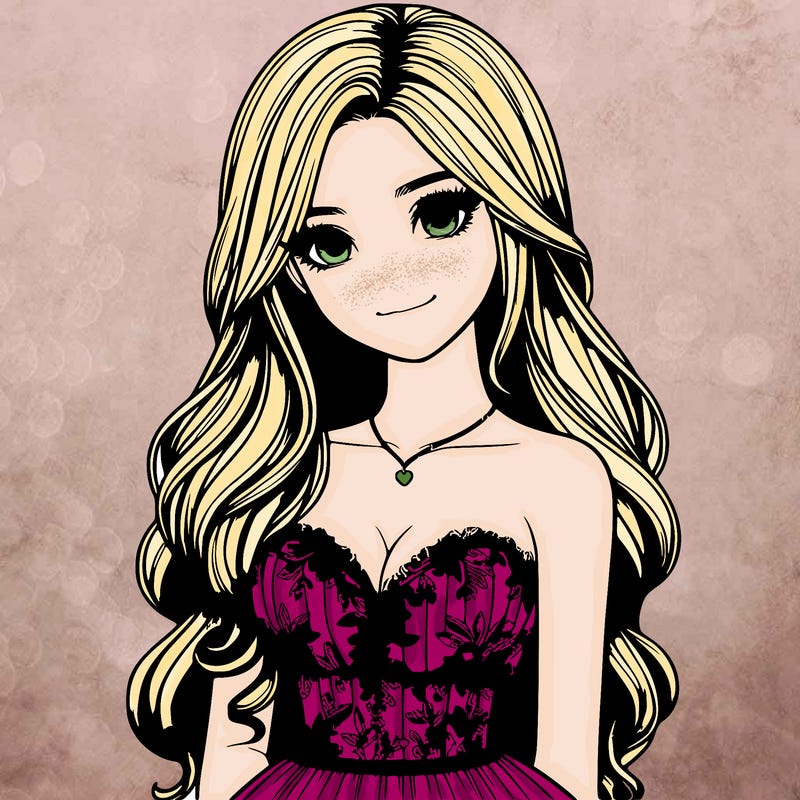 realistic girl with long hair and pretty prom dress