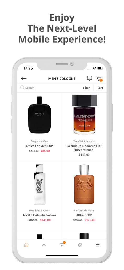 Arvella Fragrance - 아벨라 향수 모바일 앱 인터페이스에서 디자이너 브랜드의 할인된 남성 럭셔리 향수 정보를 보여줍니다