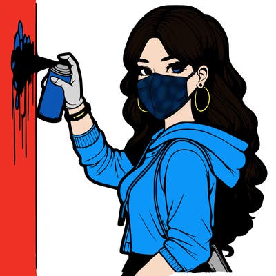 realistic girl with mask spray painting a wall