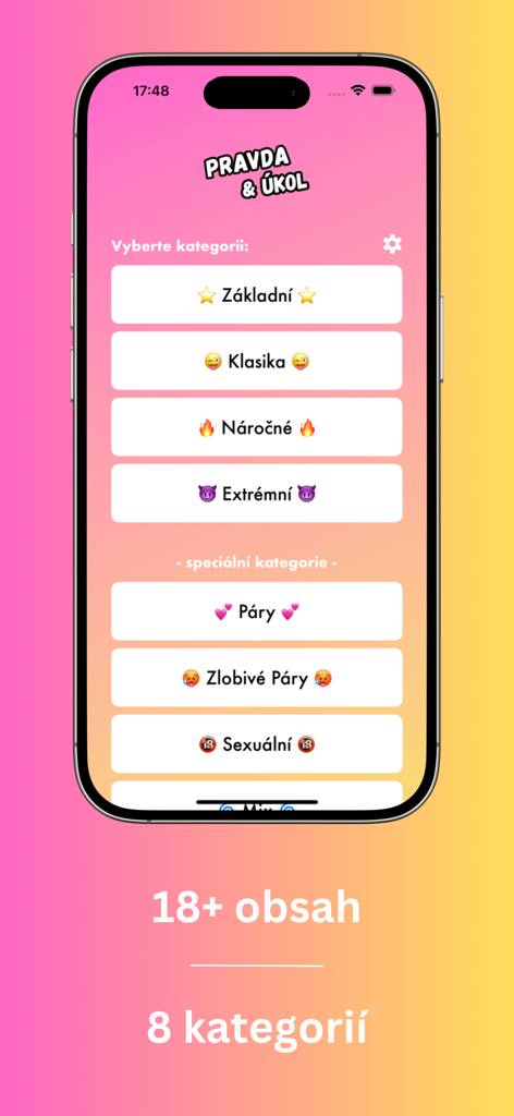 Pravda nebo Úkol (CZ&SK) - Category selection menu for the Pravda nebo Ukol Czech and Slovak party game app showing eight different game modes
