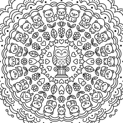 Embark on a delightful coloring journey with this captivating forest animal mandala, designed specifically for young artists. Kids aged 4-8 will love bringing the cheerful owl, playful bears, and cunning foxes to life.