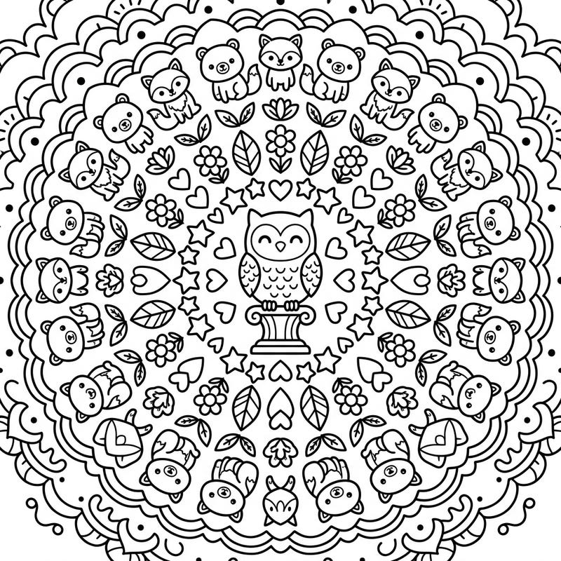 Embark on a delightful coloring journey with this captivating forest animal mandala, designed specifically for young artists. Kids aged 4-8 will love bringing the cheerful owl, playful bears, and cunning foxes to life.