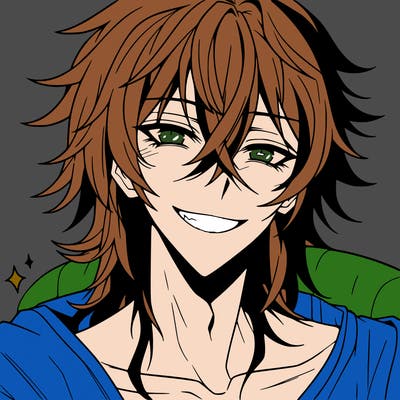 hot anime boy with long ish hair and a has a grin