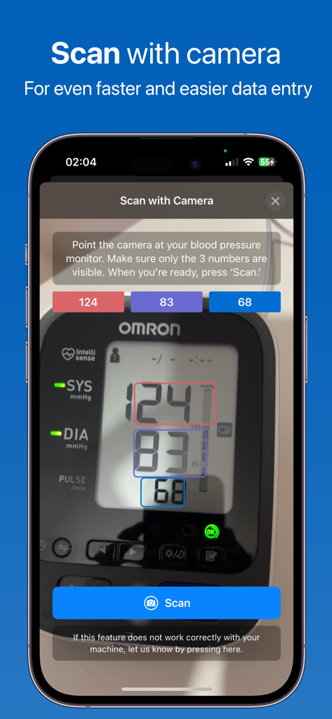 Smartphone using AI camera to scan and record blood pressure readings from an Omron monitor.