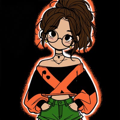 girl with a messy ponytail glasses a baggy crop top and jean shorts