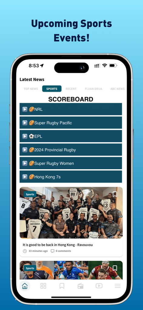 Fijivillage - Sección deportiva de la aplicación Fijivillage que muestra un marcador para torneos de rugby y fútbol.