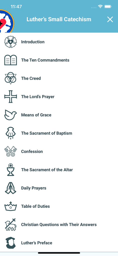 Menu de navigation principal de l'application Petit Catéchisme de Luther répertoriant les sujets théologiques et les prières quotidiennes