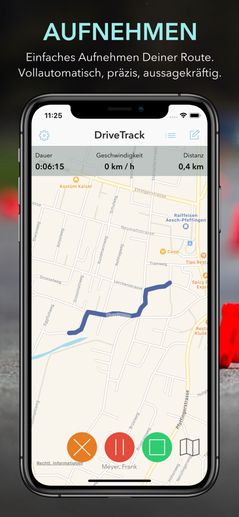 iTheory DriveTrack app screen recording a driving route with map and trip statistics