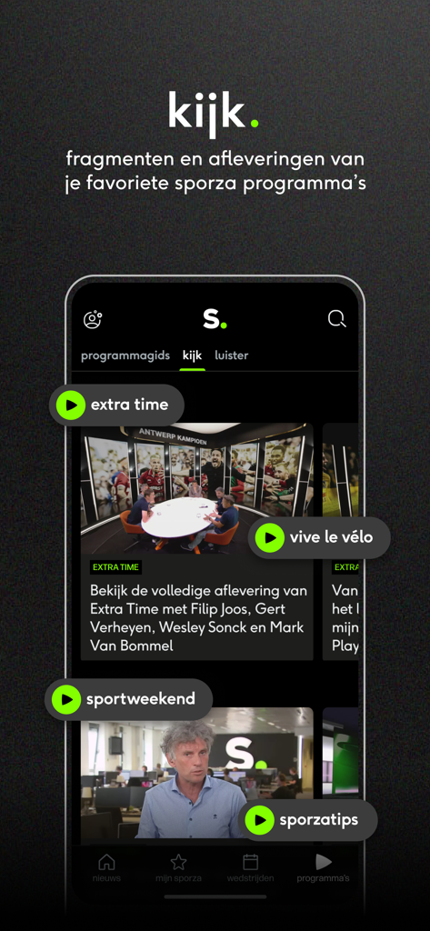 Sporza - Sporza mobile app screen showing a list of sports video programs and episodes in Dutch