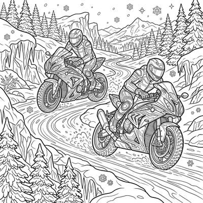 Get ready for an adrenaline-fueled coloring adventure with superbike riders speeding through a beautiful winter landscape. This dynamic scene combines the excitement of racing with the serene beauty of a snowy wonderland, perfect for coloring enthusiasts.