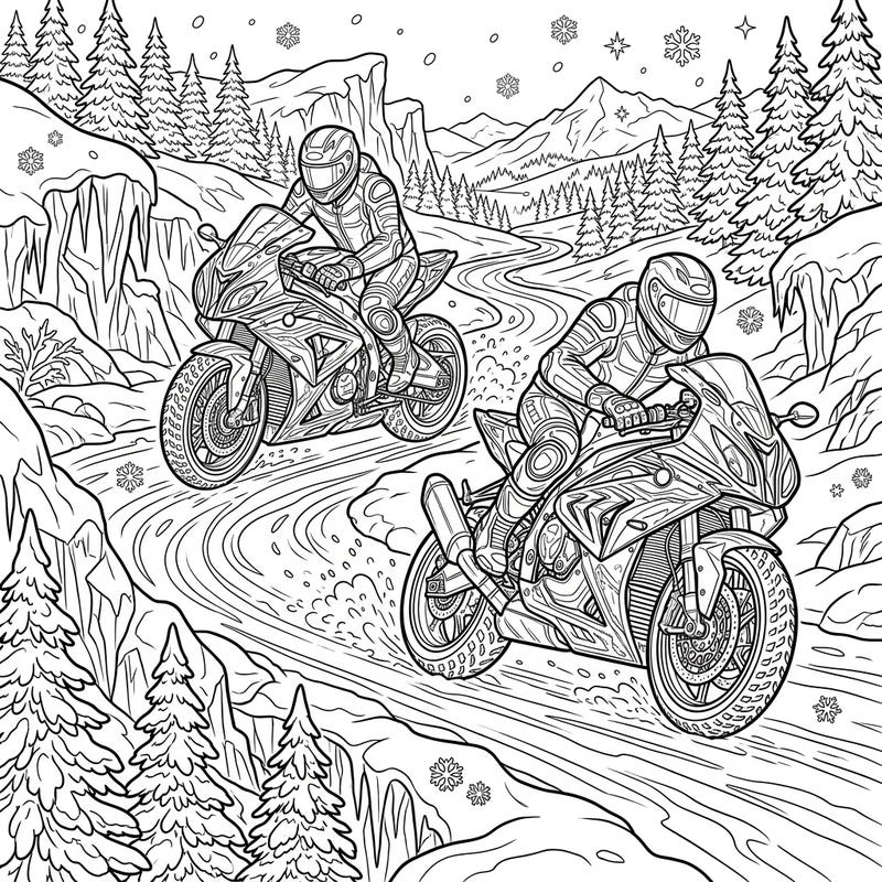 Get ready for an adrenaline-fueled coloring adventure with superbike riders speeding through a beautiful winter landscape. This dynamic scene combines the excitement of racing with the serene beauty of a snowy wonderland, perfect for coloring enthusiasts.