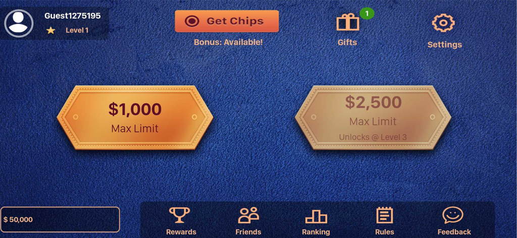 Pai Gow Poker Casino - Main menu of Pai Gow Poker Casino showing table stakes and game navigation