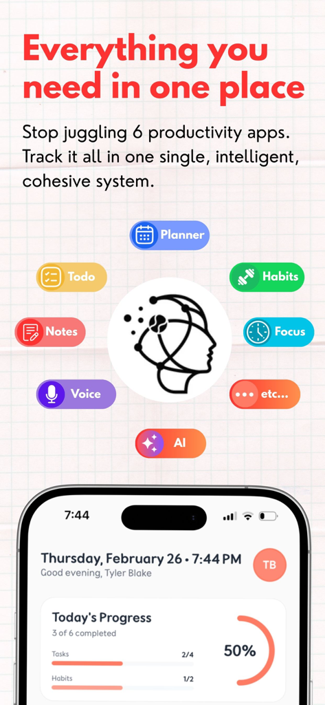 Captura de tela do aplicativo OneMind mostrando um sistema tudo-em-um para planejador, hábitos, foco e recursos de IA