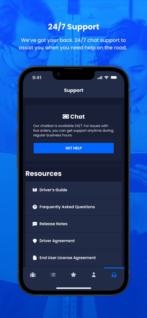 FRAYT Driver - Bildschirm "Support" der FRAYT Fahrer App, der 24/7 Chat-Hilfe und Ressourcen für Fahrer anzeigt